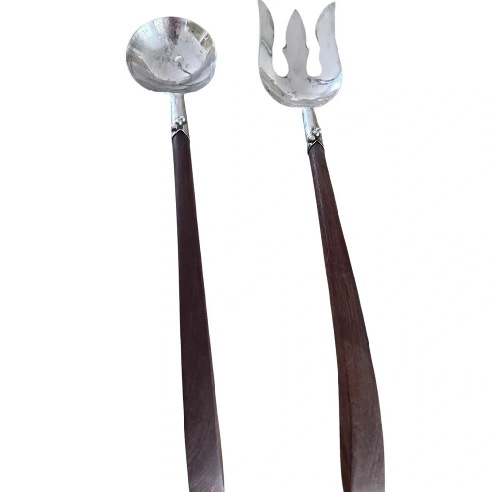Mid-Century Sterling Silver Salad Servers Wood Handle 13” Plata Mexico‎ DF